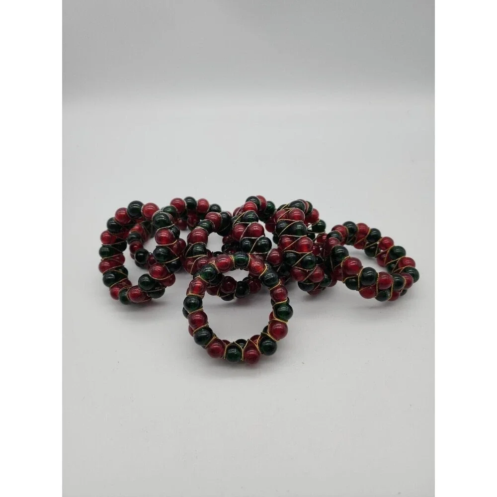 Kemp & Beatly set of 8 Christmas Red & Green Glass Beaded Napkin Ring Holders